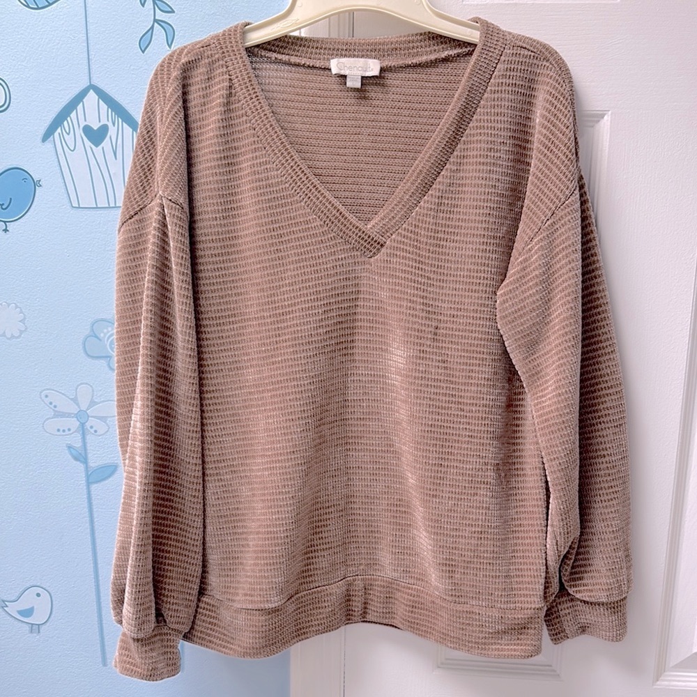 Chenault V-Neck Chenille Long Sleeves Tan Golden Brown Sweater Women's Size L !